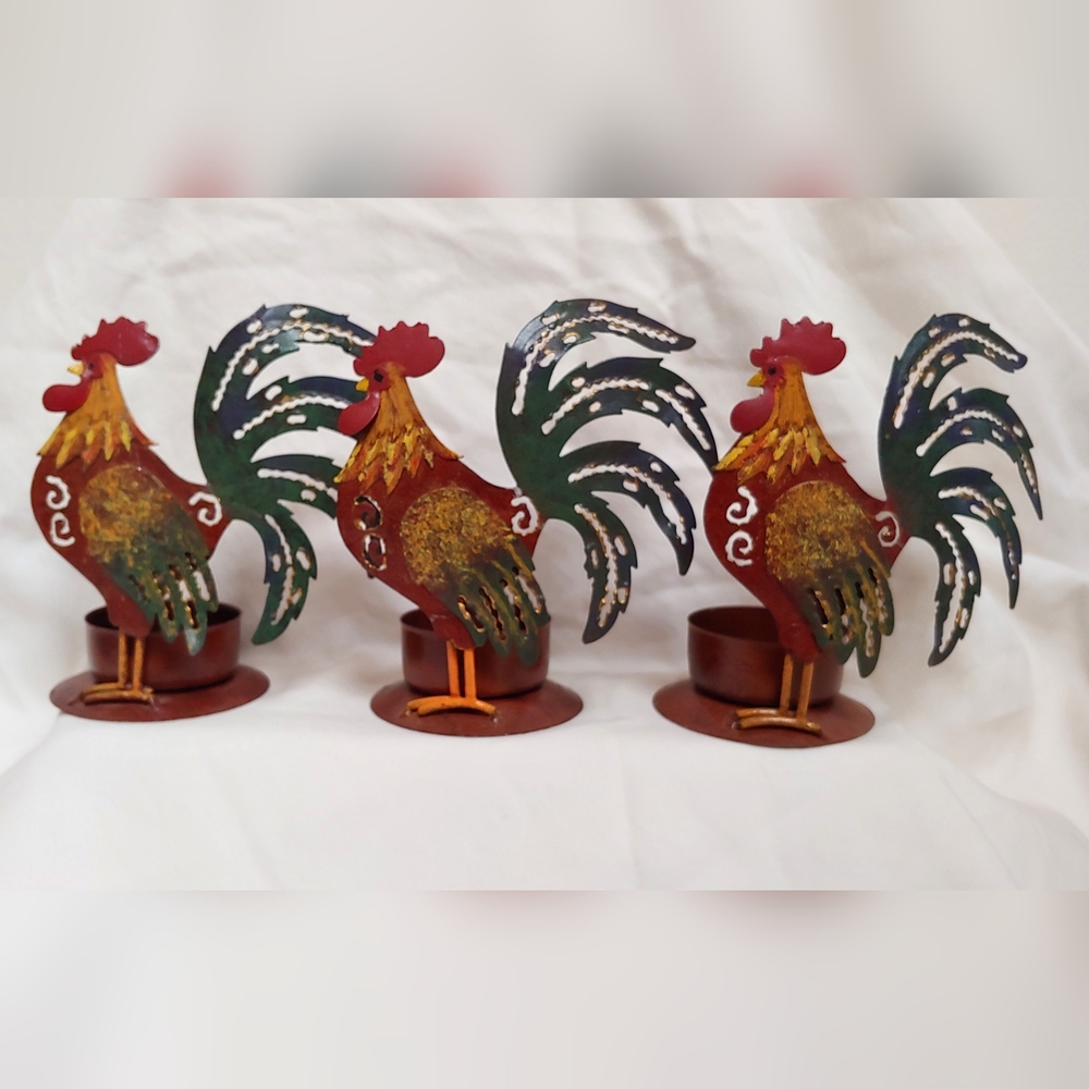 Set of 3 Painted Metal  Rooster Tea Light Holders